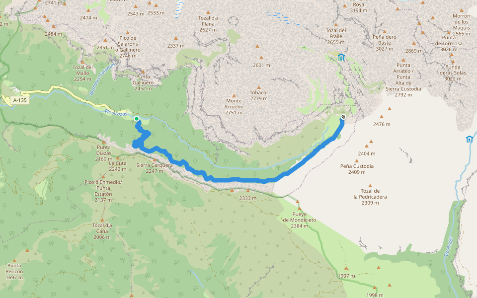 Senda de Los Cazadores walking route map in Torla-Ordesa