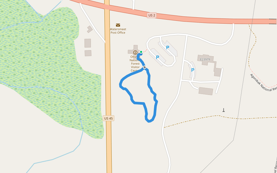 Visitor Center Interpretative Trail walking route map in Watersmeet
