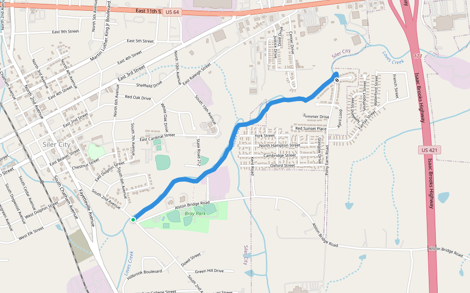 Loves Creek Greenway walking route map in Siler City