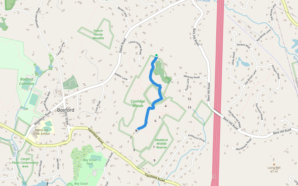 Coolidge Trail walking route map in Boxford