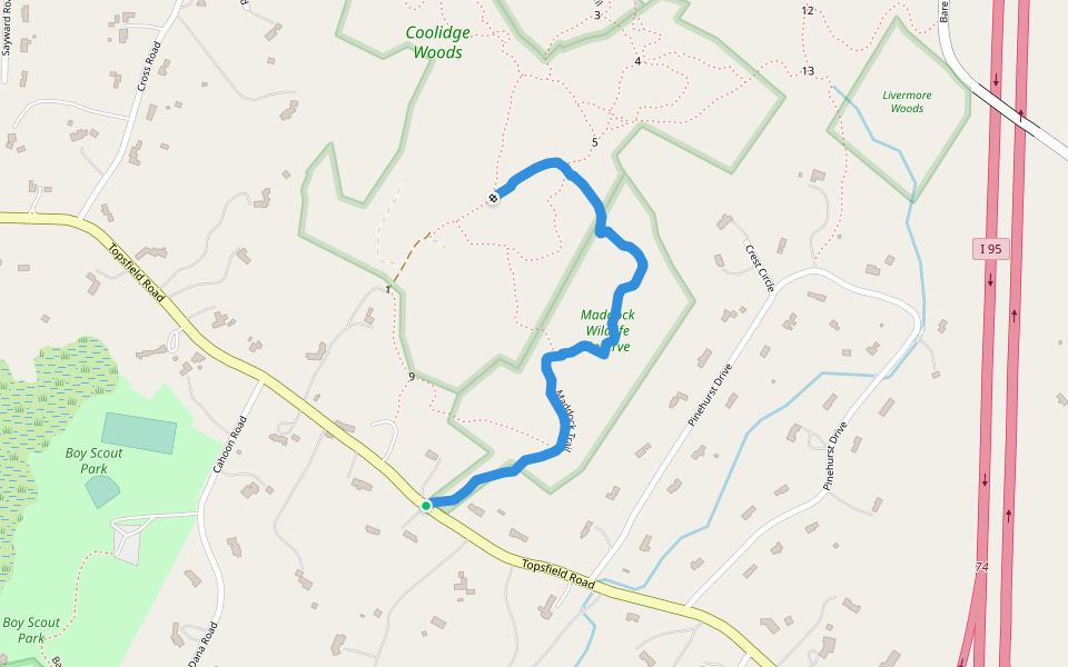 Maddock Trail walking route map in Boxford