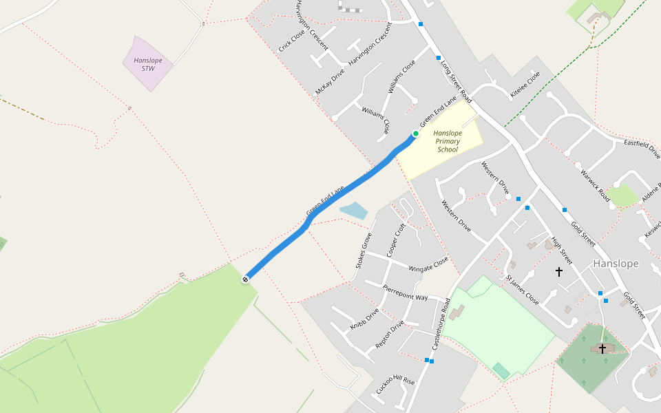 Green End Lane walking route map in Hanslope