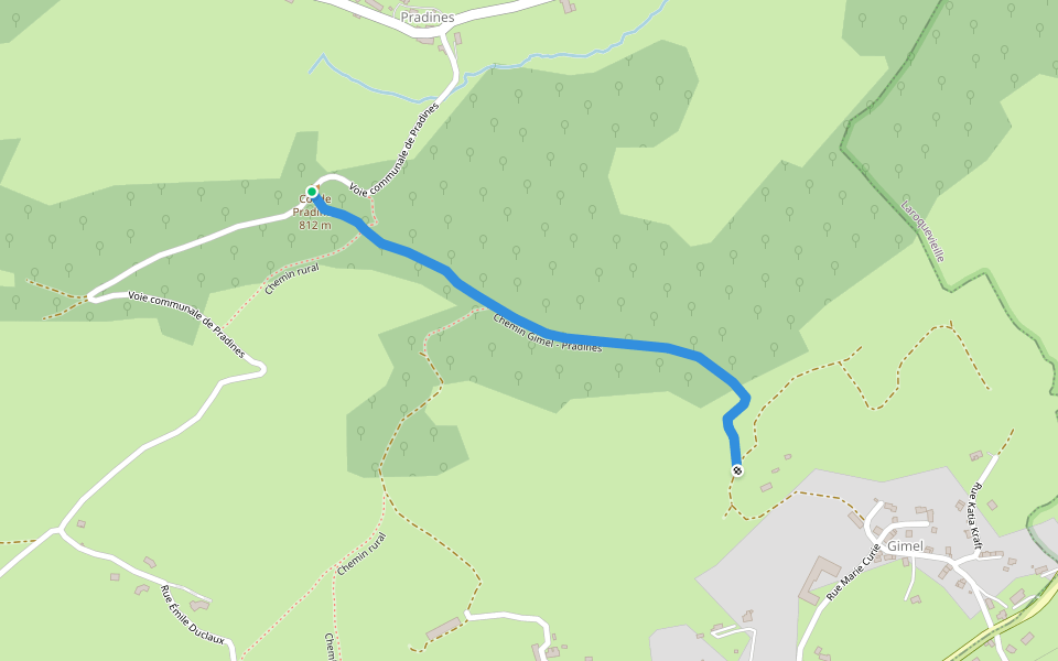 Chemin Gimel - Pradines walking route map in Marmanhac