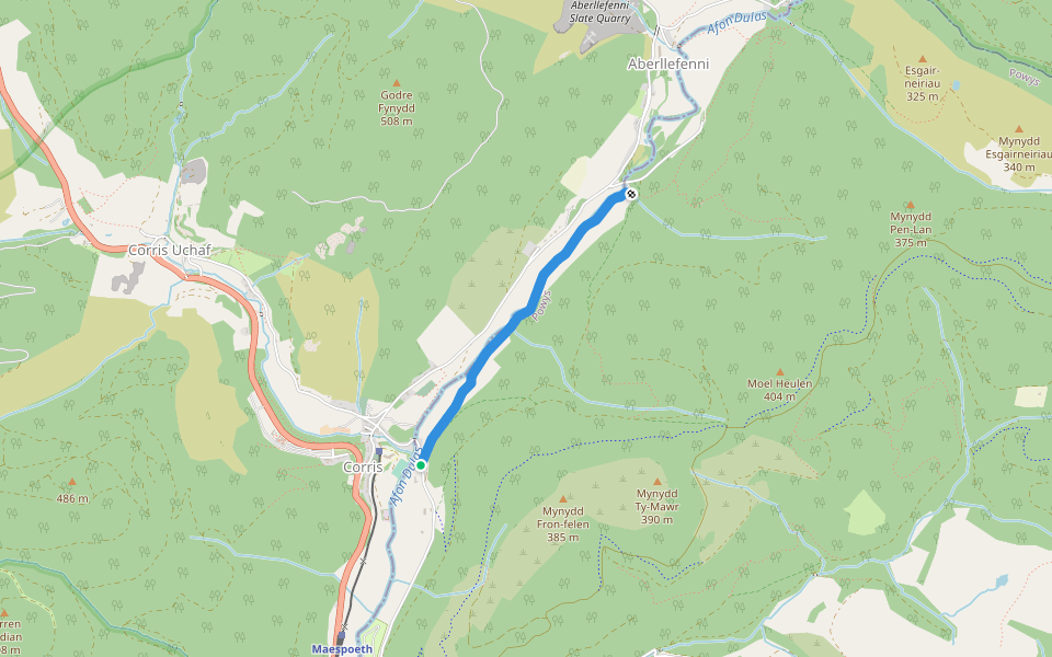 River walk walking route map in Corris