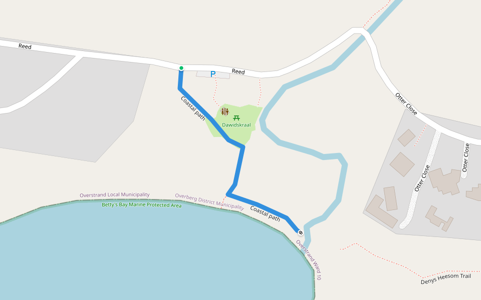 Coastal path walking route map in Betty's Bay