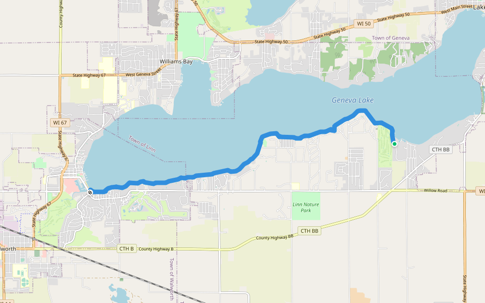 South Lake Shore Lakefront Path walking route map in Lake Geneva