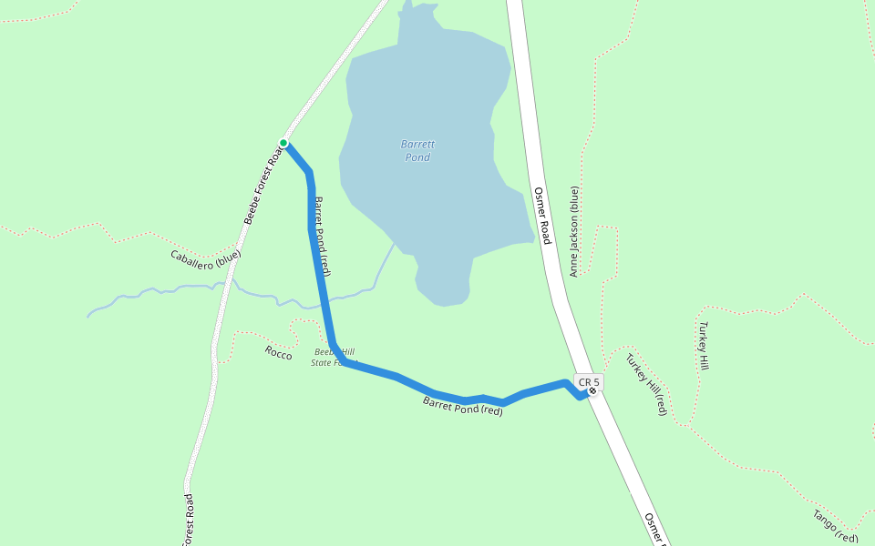 Barret Pond (red) walking route map in Chatham