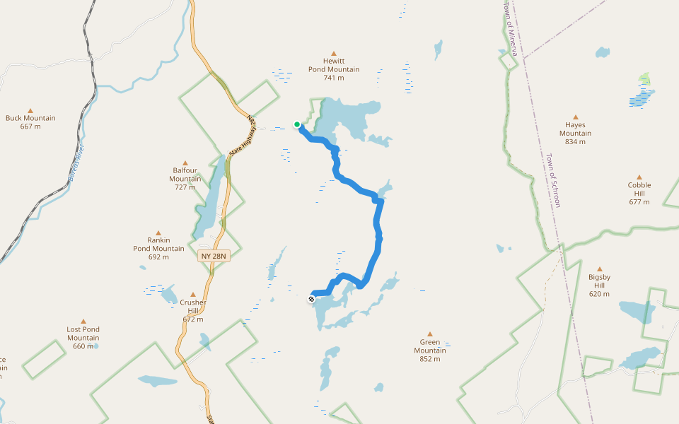 Hewitt Pond Trail walking route map in Minerva