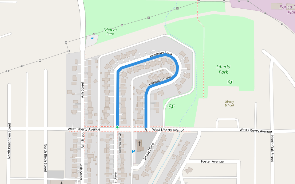 Bradbary Lane walking route map in Ponca City