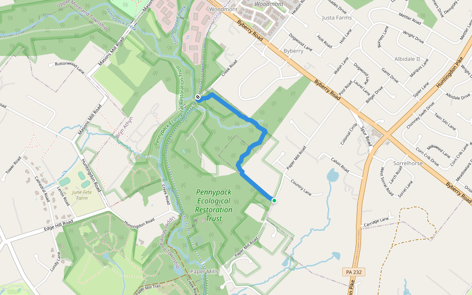 Paper Mill Woods Trail walking route map in Bryn Athyn