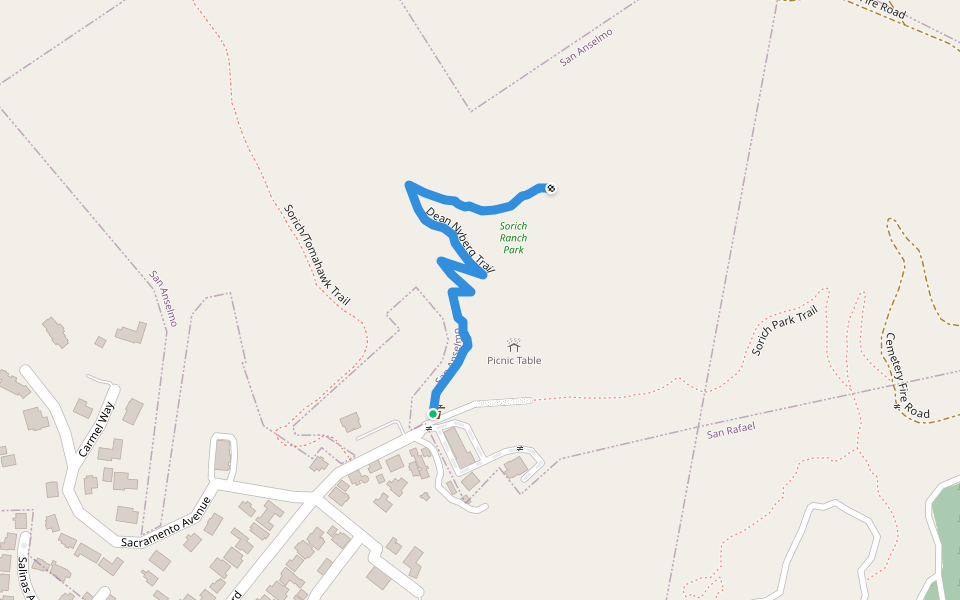 Dean Nyberg Trail walking route map in San Anselmo