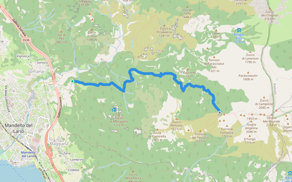 Rongio - Rifugio Rosalba per la Val Portorella walking route map in Mandello del Lario
