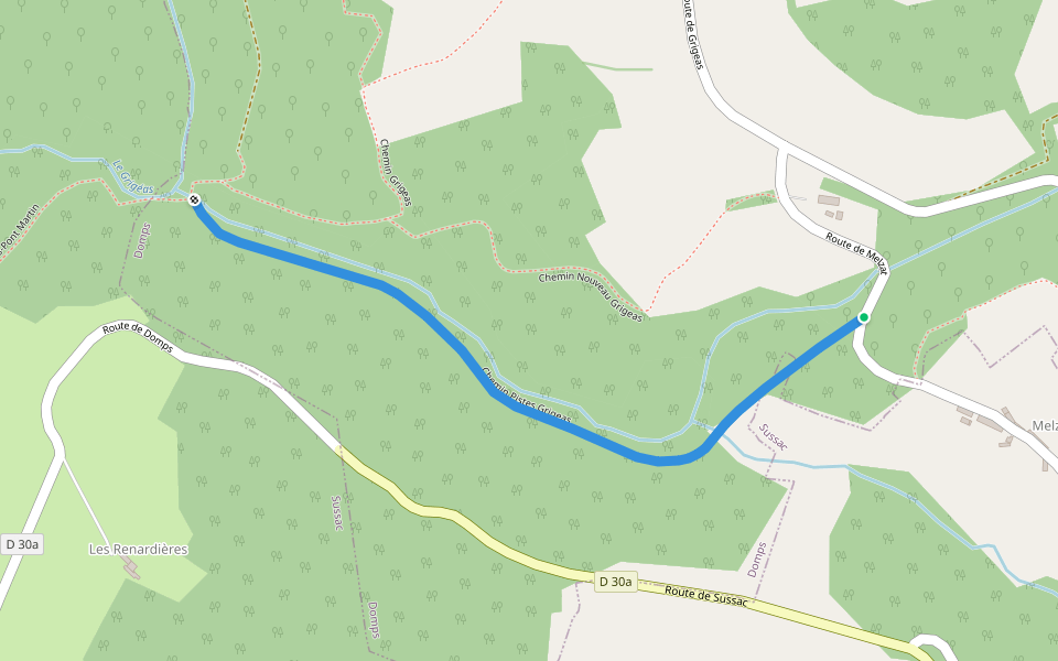 Chemin Pistes Grigeas walking route map in Sussac