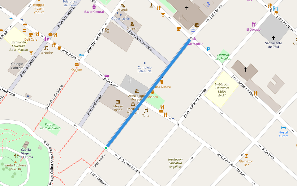 Jirón Belén walking route map in Cajamarca