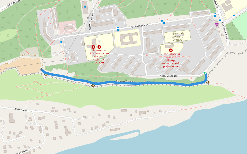Красивый берег walking route map in Krasnoyarsk