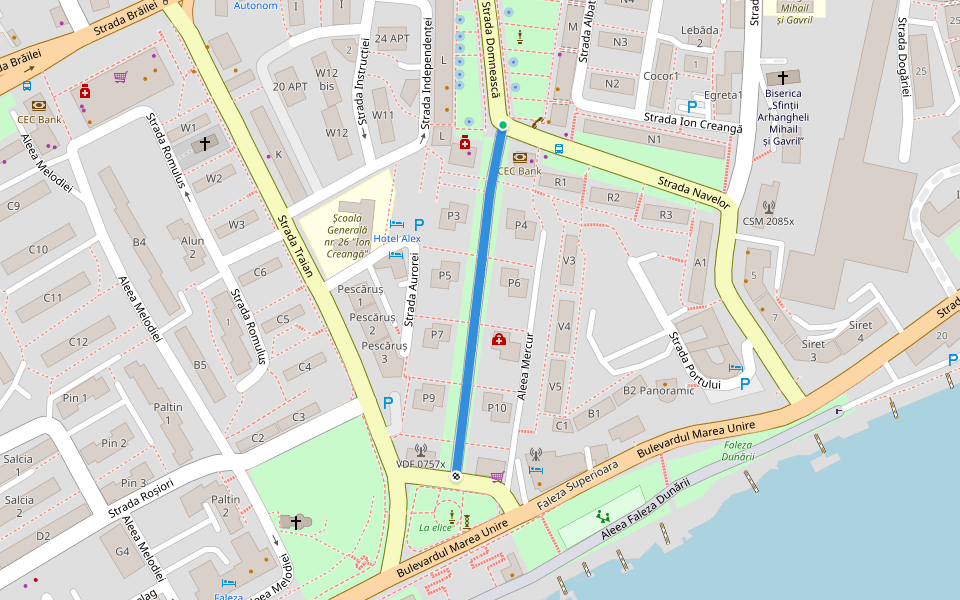 Strada Domnească walking route map in Galați