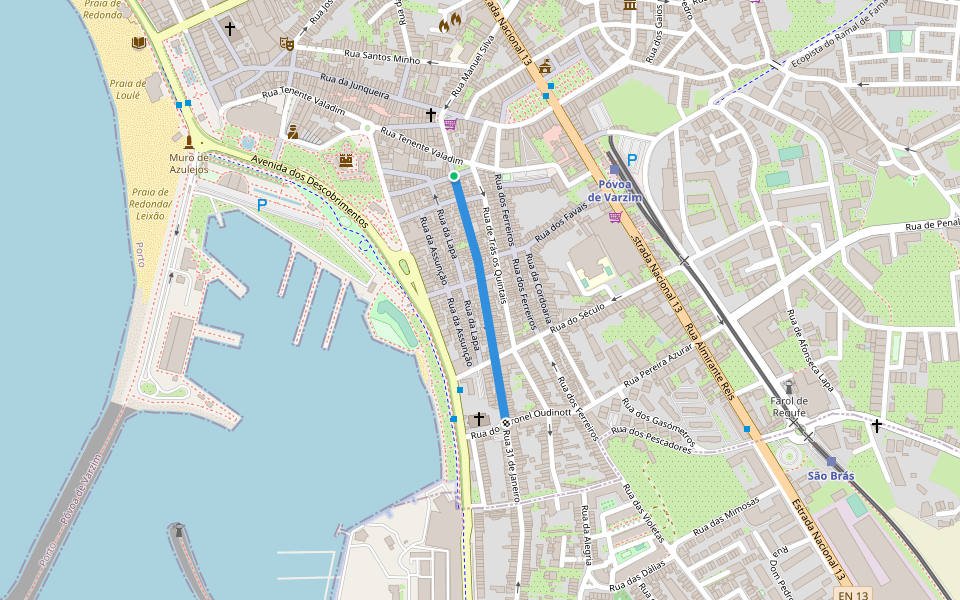 Rua 31 de Janeiro walking route map in Póvoa de Varzim