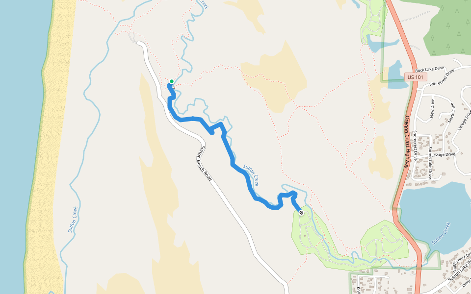 Trail along creek from parking lot to dunes walking route map in Florence