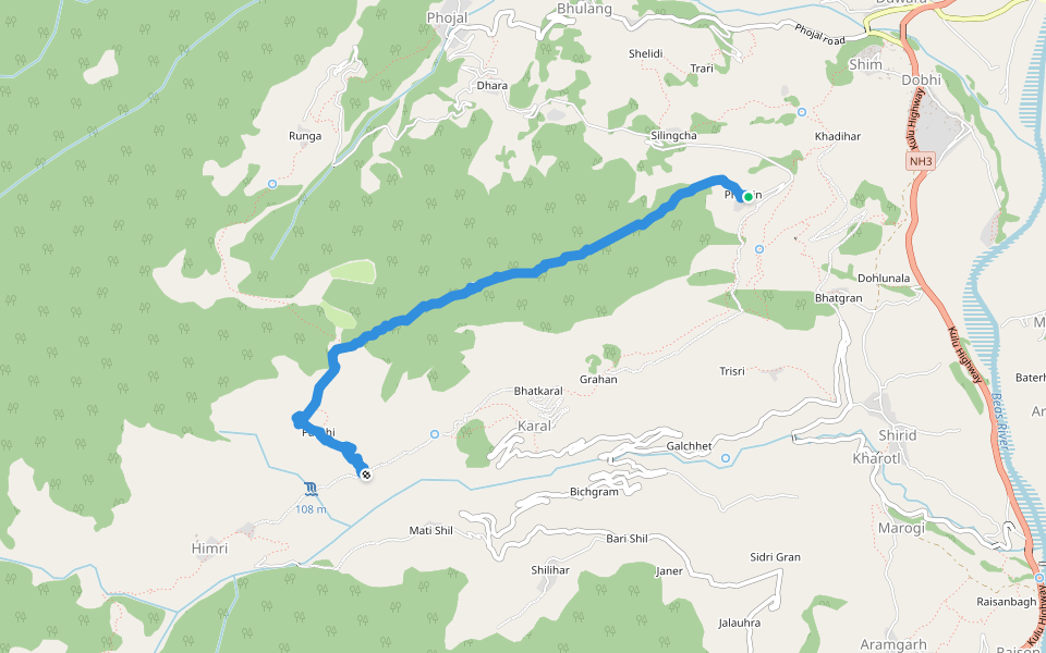 Phalain to Parbhi walking route map in Mandalgarh