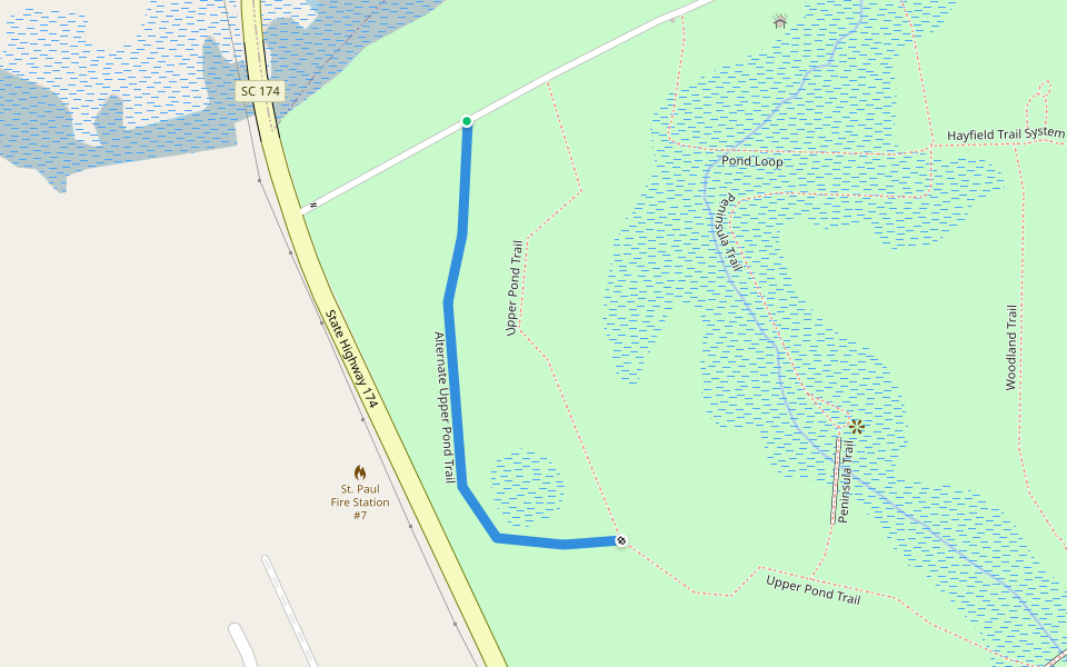 Alternate Upper Pond Trail walking route map in Meggett