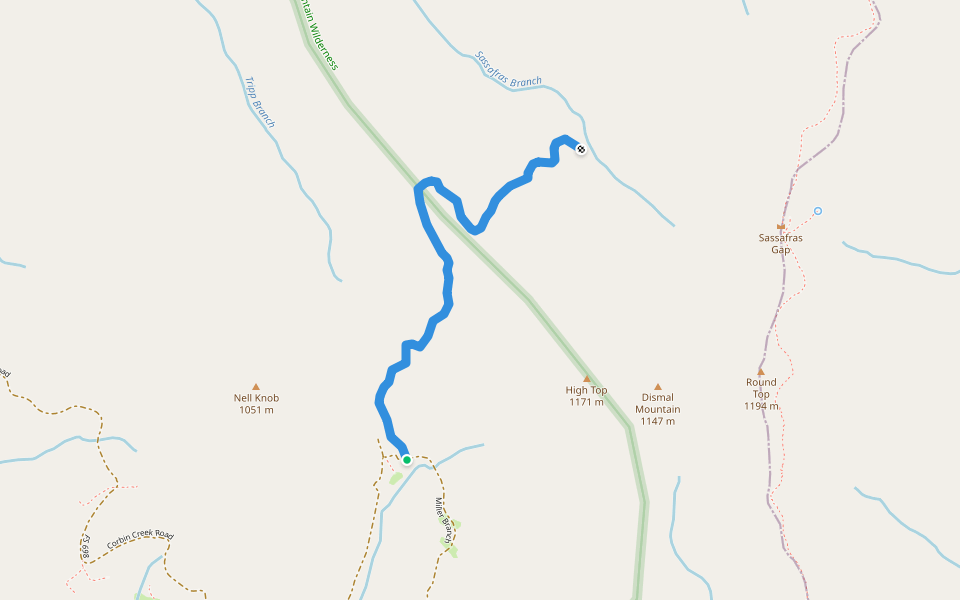 Sassafrass Cove Trail walking route map in Hiawassee