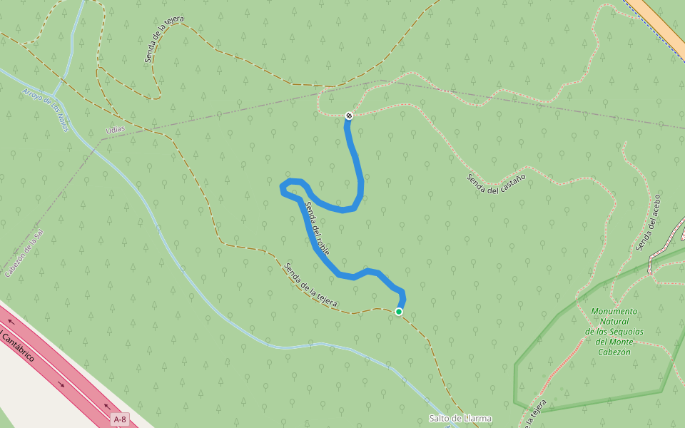 Senda del roble walking route map in Cabezón de la Sal