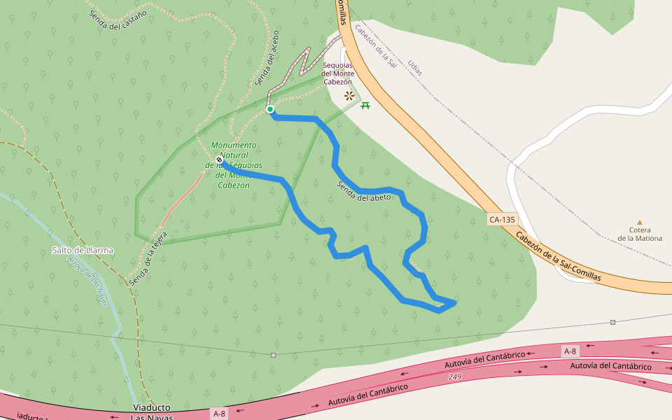 Senda del abeto walking route map in Cabezón de la Sal
