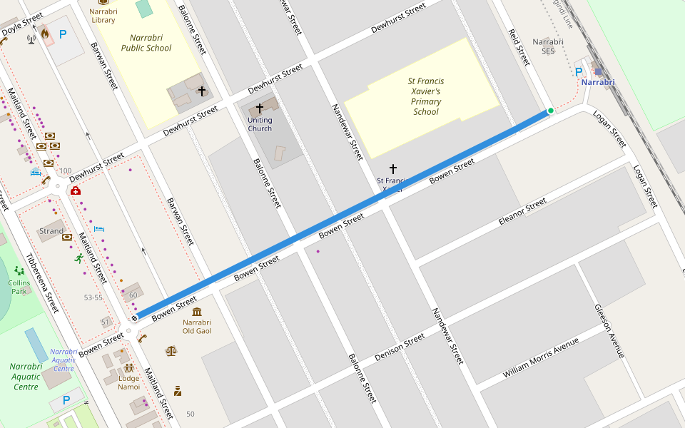 Bowen Street walking route map in Narrabri
