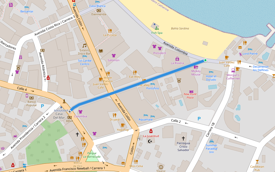 Avenida Providencia / Carrera 2 walking route map in San Andrés