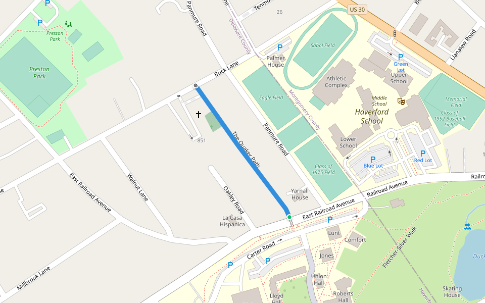 The Quaker Path walking route map in Haverford