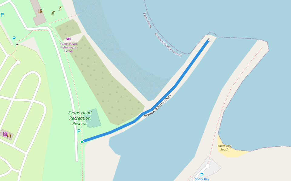 Breakwall Access Path walking route map in Evans Head