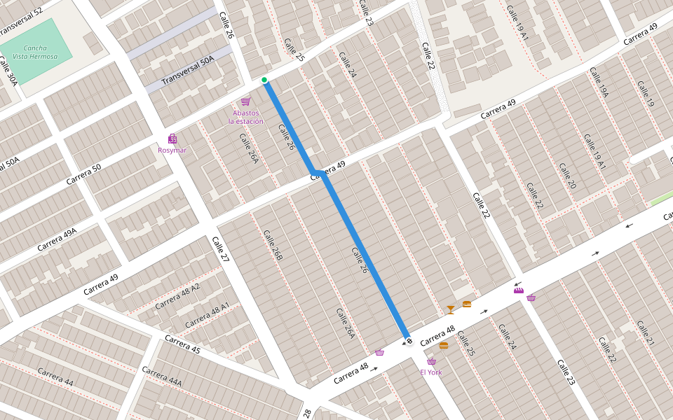 Calle 26 walking route map in Soledad