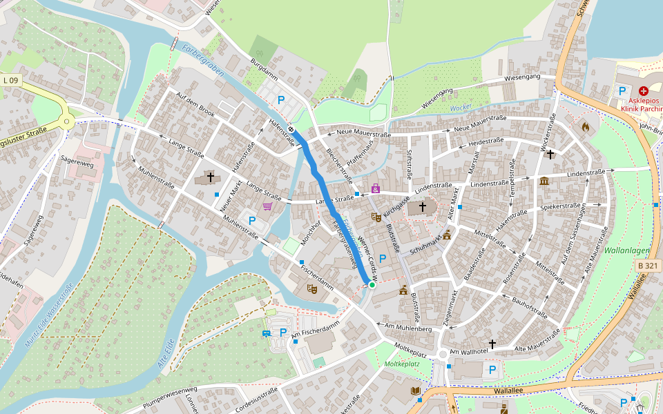 Färbergrabenweg walking route map in Parchim