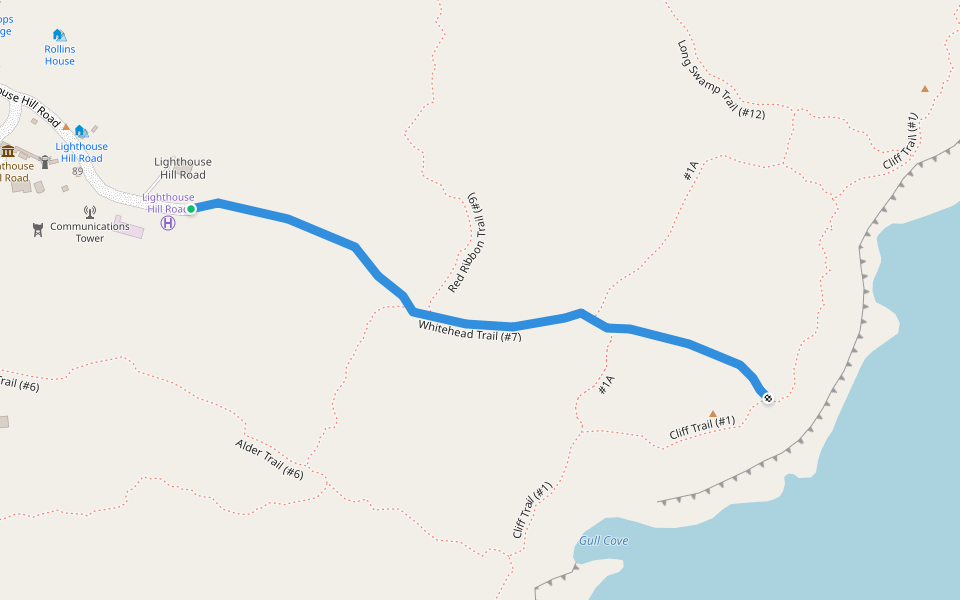 Whitehead Trail (#7) walking route map in Monhegan