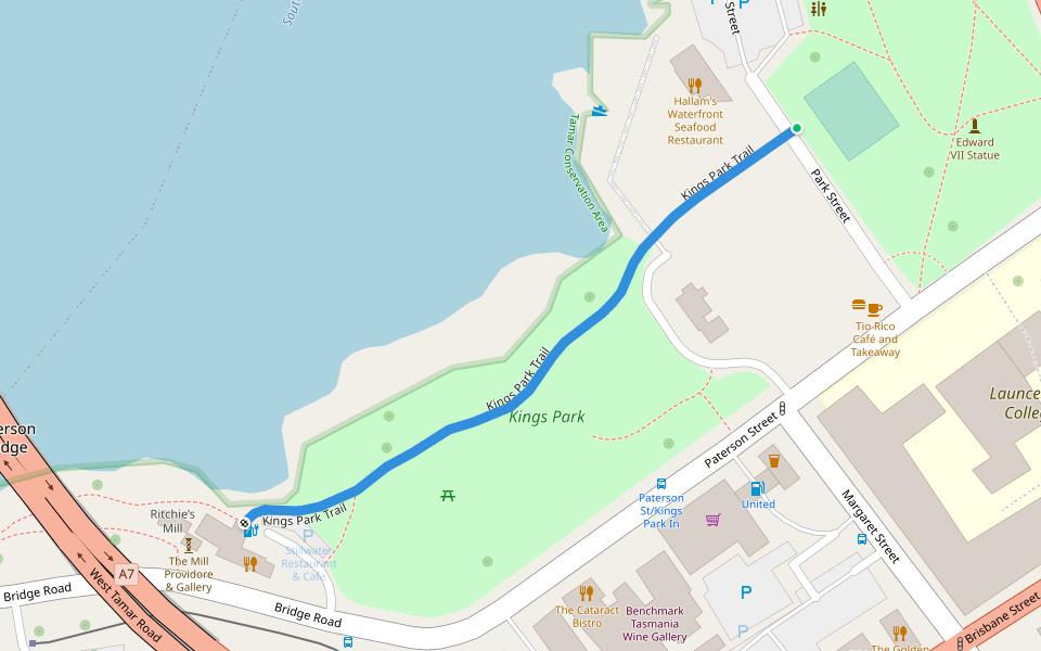 Kings Park Trail walking route map in Launceston