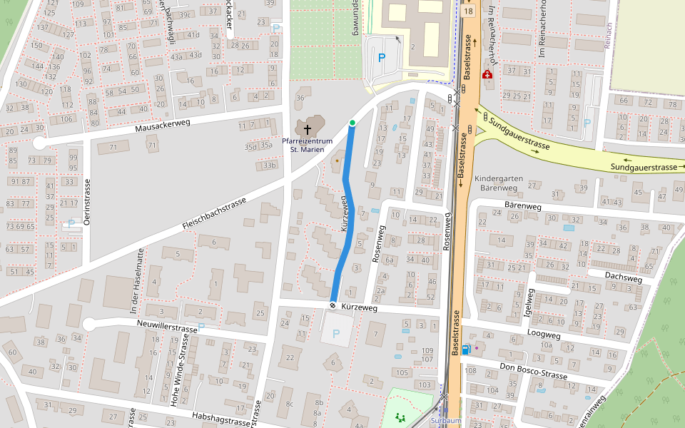 Kürzeweg walking route map in Reinach