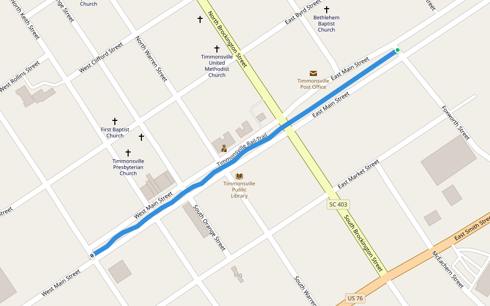Timmonsville Rail-Trail walking route map in Timmonsville