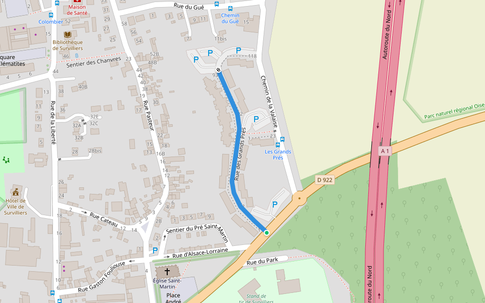 Rue des Grands Prés walking route map in Survilliers