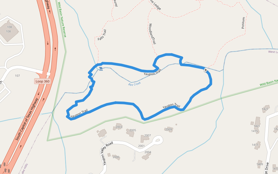 Yaupon Trail walking route map in West Lake Hills