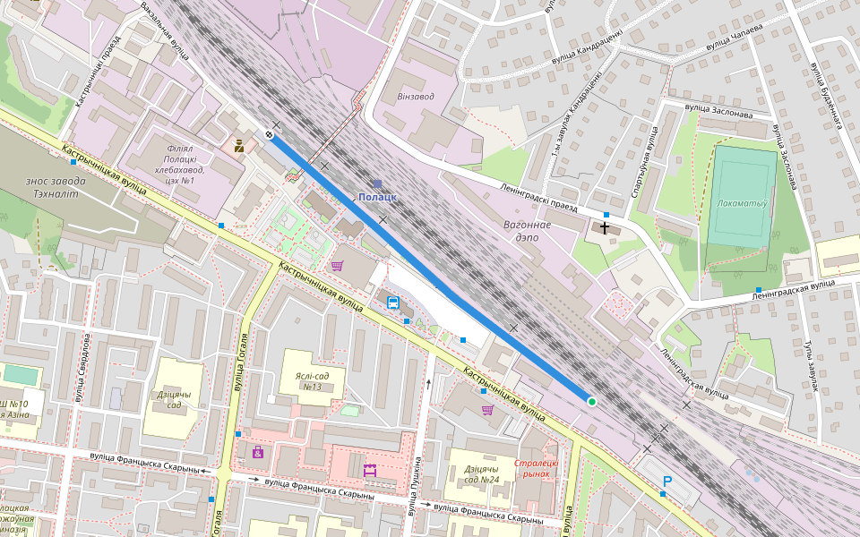 Вакзальная вуліца walking route map in Polack