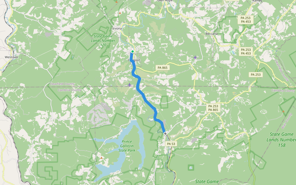 Prince Gallitzin Trail walking route map in Beccaria