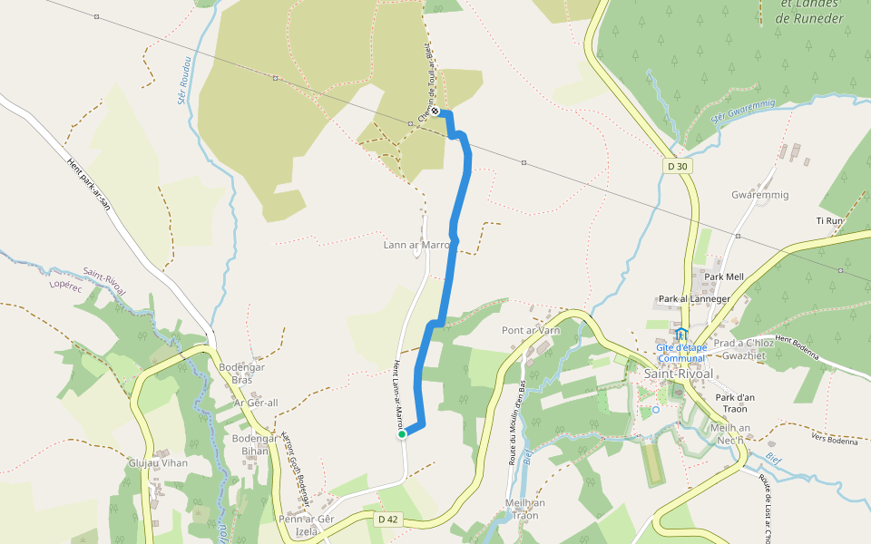 Ancien Chemin de Lann-ar-Marrou walking route map in Saint-Rivoal