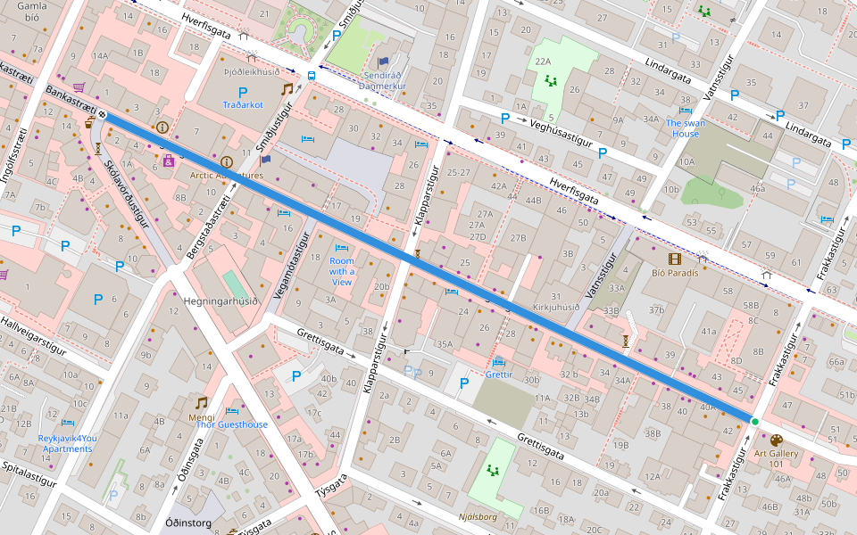 Laugavegur walking route map in Reykjavík