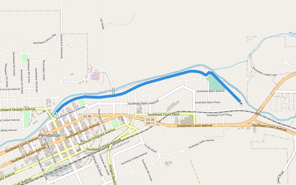 Umatilla River Parkway walking route map in Pendleton