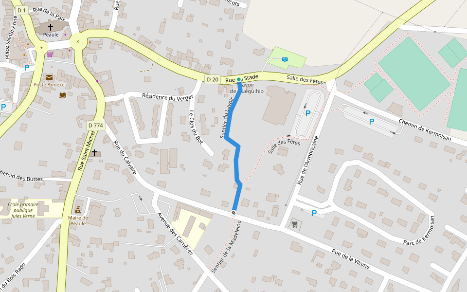 Sentier du Lavoir walking route map in Péaule