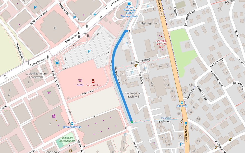 Riedbach-Weg walking route map in Bachenbülach