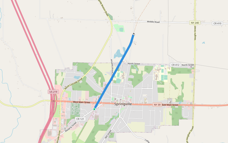 Pop Warner Rail Trail walking route map in Springville