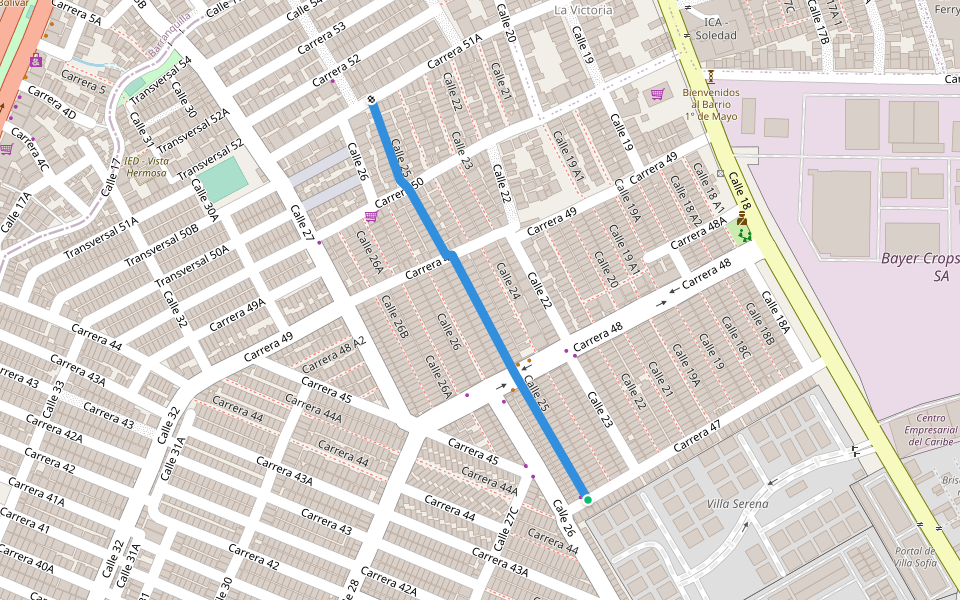 Calle 25 walking route map in Soledad