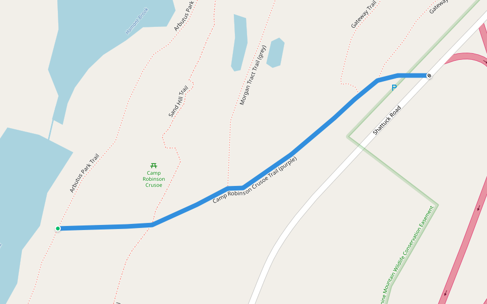 Camp Robinson Crusoe Trail (purple) walking route map in Sturbridge