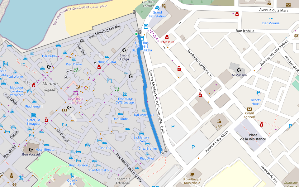 Rue Chbanat زنقة شبانات walking route map in Tiwli